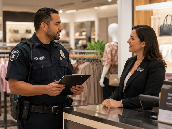 Mall security guard coordinating with retail store manager on loss prevention