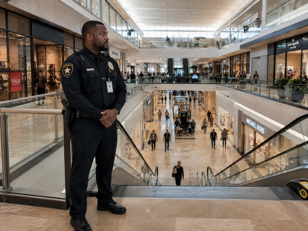 Houston mall security guard monitoring retail corridor near escalators