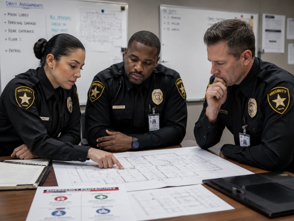 Mall security team reviewing active shooter drill plan in Houston