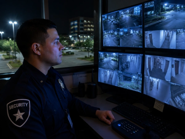 Security guard monitoring CCTV screens for situational awareness at a commercial property