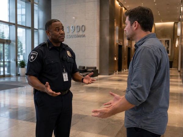 Unarmed security guard using de-escalation skills with a visitor in a building lobby