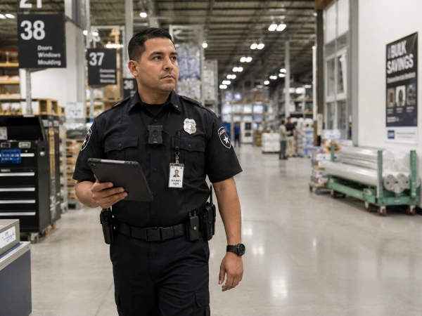 Unarmed security guard using patrol tracking app during warehouse walkthrough