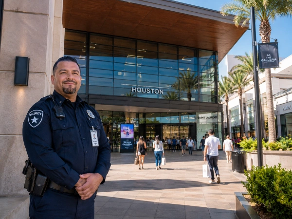 Unarmed security guard at a Houston shopping center entrance greeting visitors