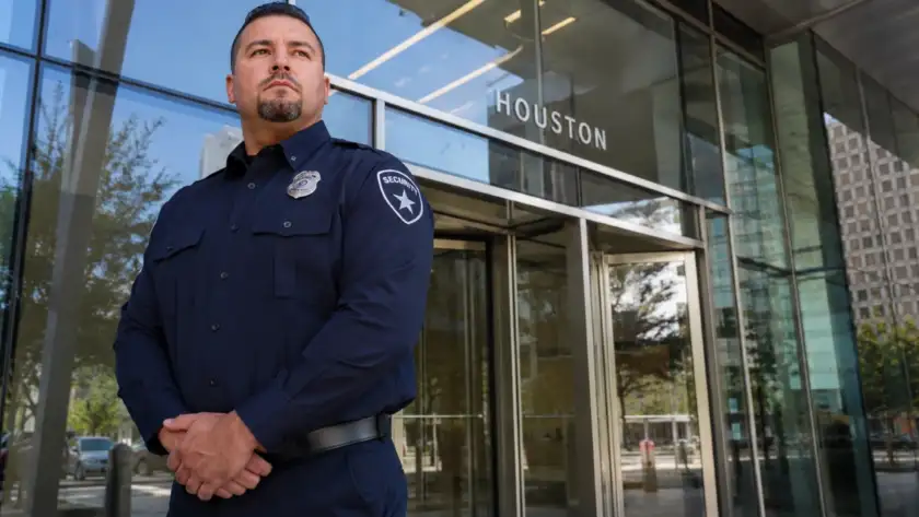Professional unarmed security guard at a Houston corporate building entrance