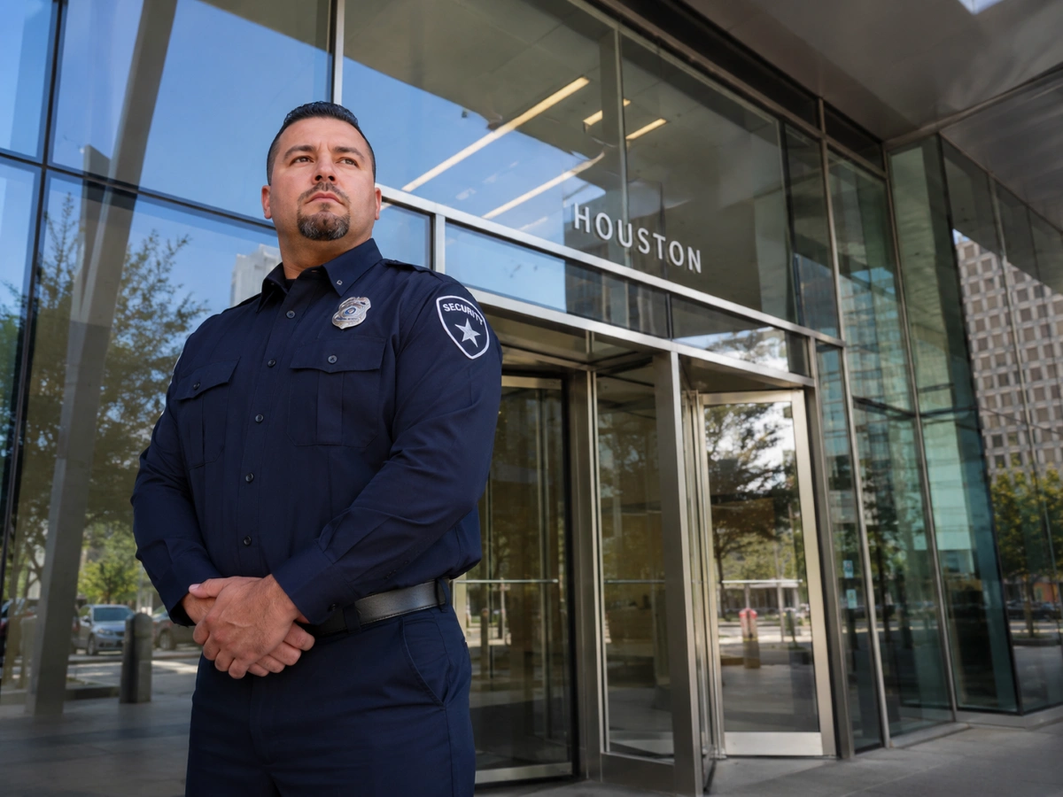 Professional unarmed security guard at a Houston corporate building entrance
