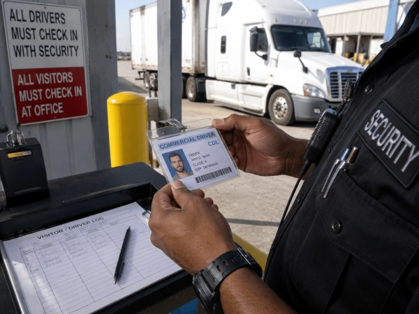 Security guard checking driver credentials at warehouse loading dock