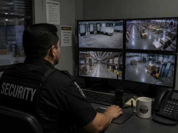Warehouse security guard monitoring CCTV surveillance screens