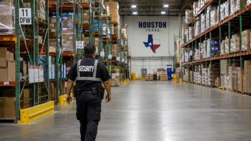 Warehouse security guard patrolling aisle in Houston distribution center
