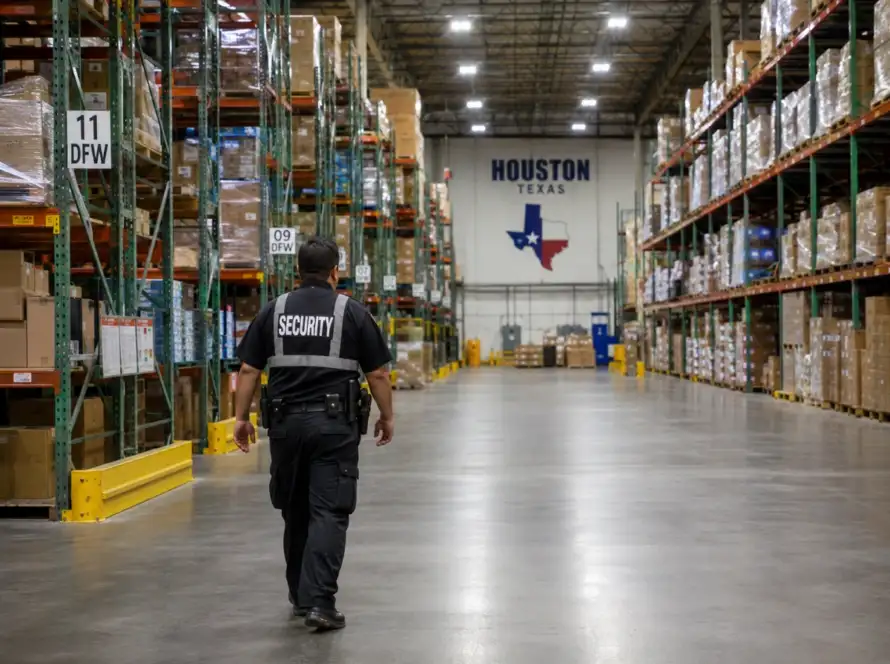 Warehouse security guard patrolling aisle in Houston distribution center