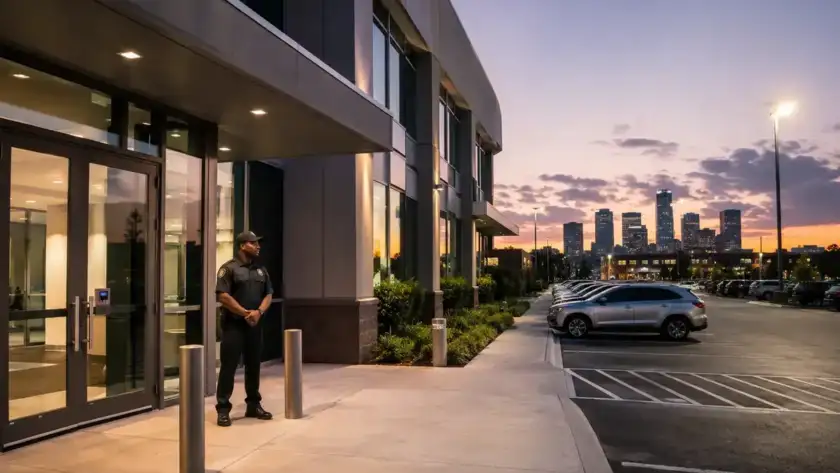 Houston commercial building with security guard outside