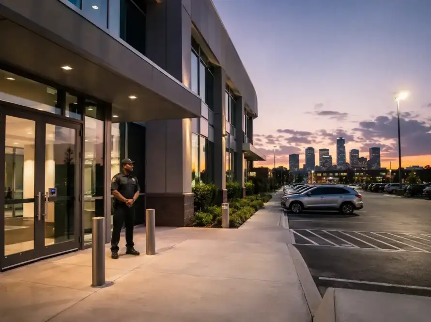 Houston commercial building with security guard outside