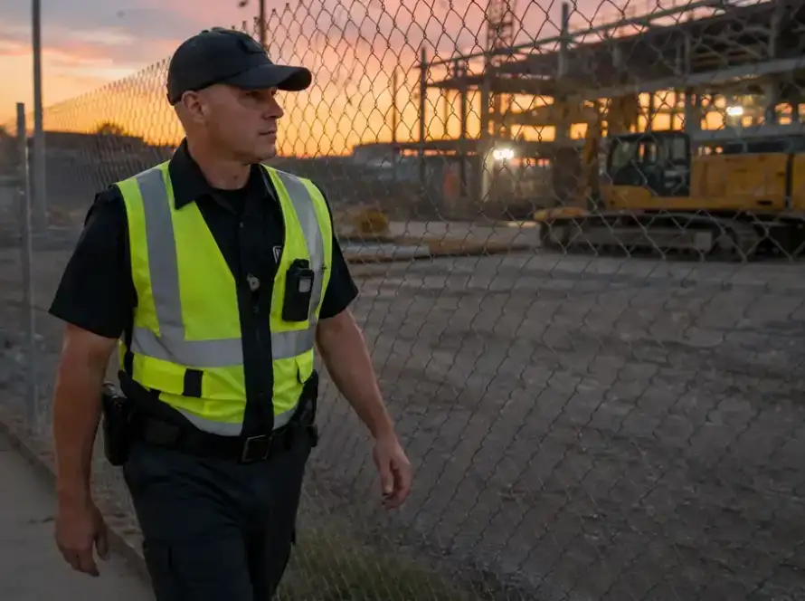 Security guard patrolling a fenced construction site at dusk