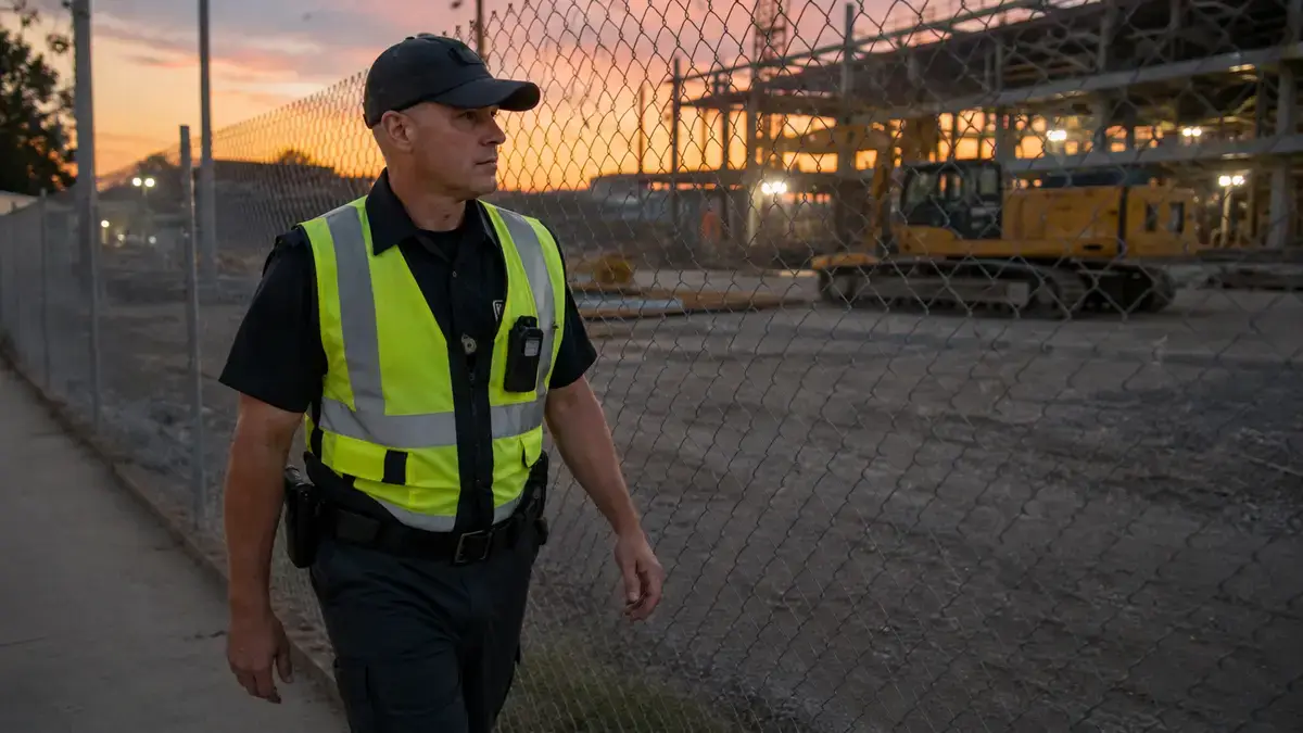 Security guard patrolling a fenced construction site at dusk