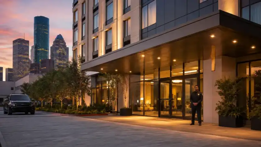 Houston hotel entrance at dusk with a uniformed hotel security guard on duty