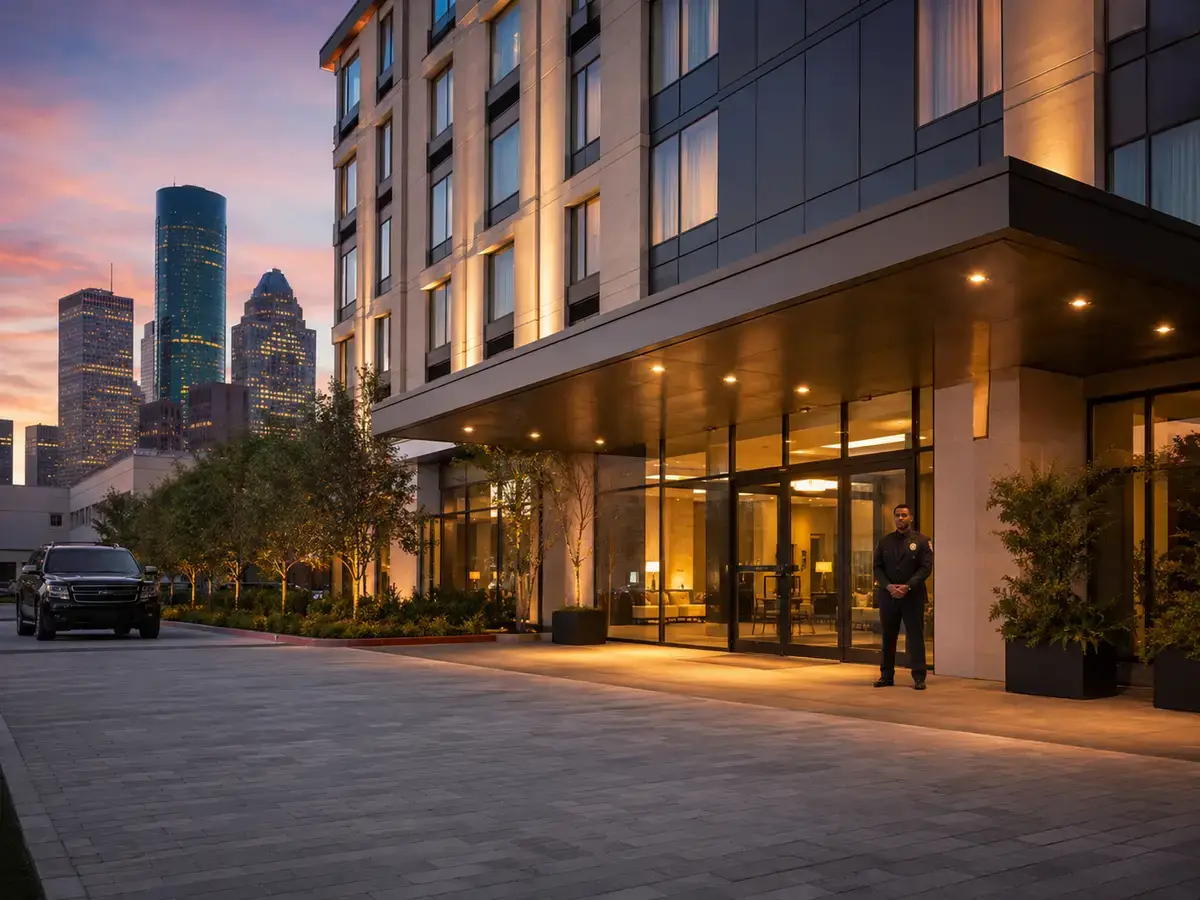 Houston hotel entrance at dusk with a uniformed hotel security guard on duty