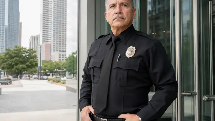 Experienced security guard on duty at a Houston commercial building entrance
