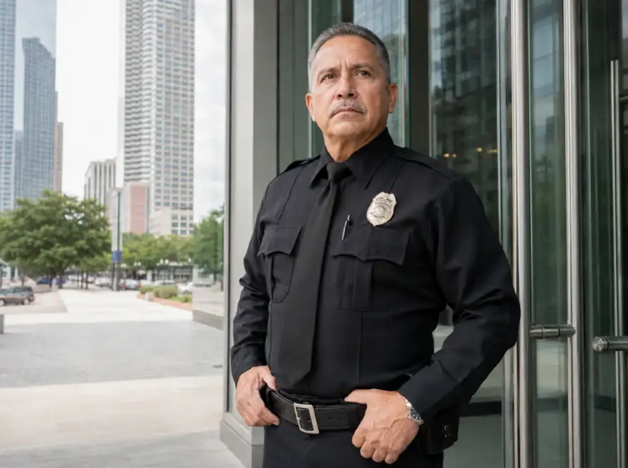 Experienced security guard on duty at a Houston commercial building entrance