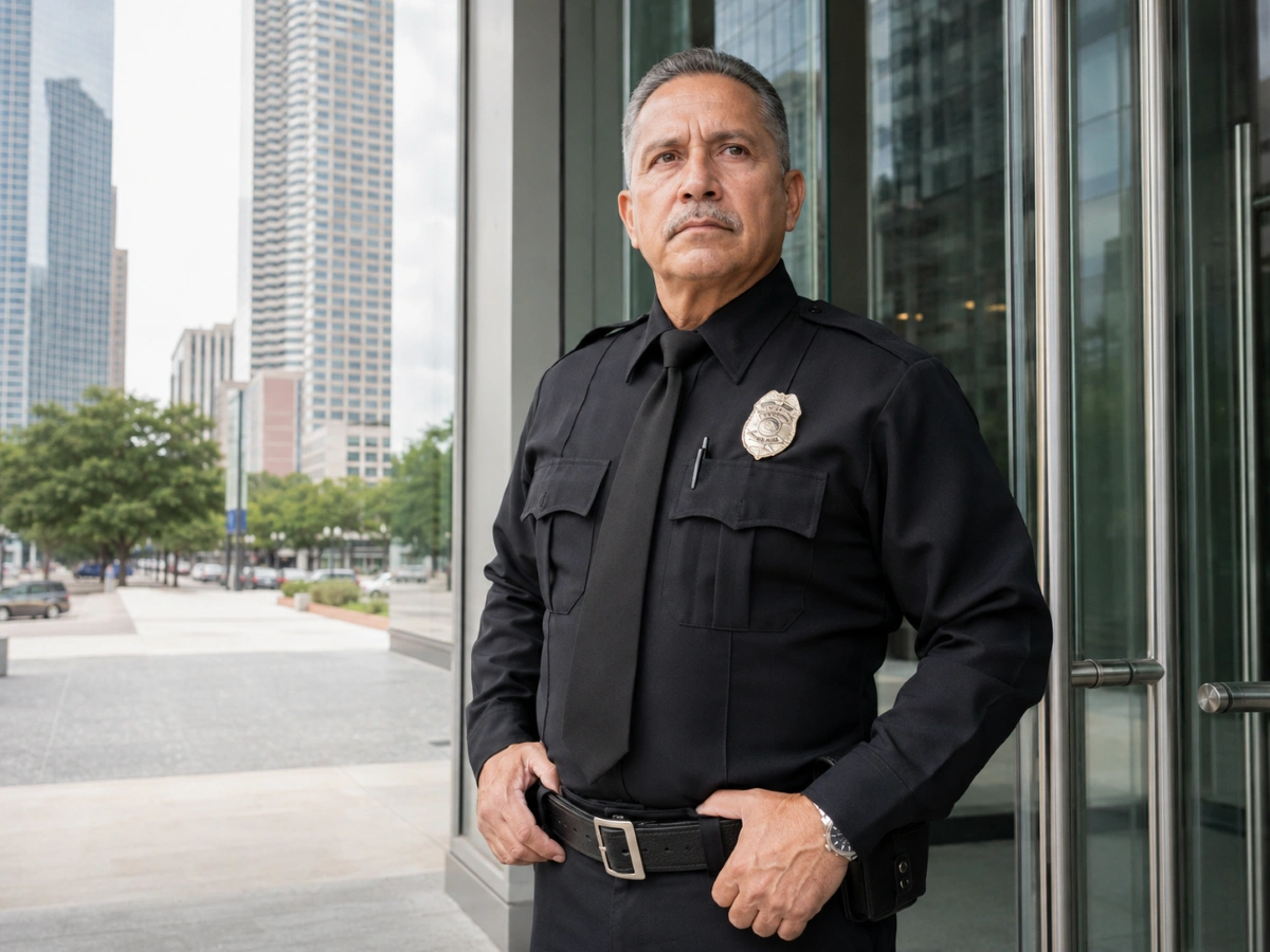 Experienced security guard on duty at a Houston commercial building entrance