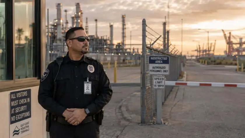 Security guard at Houston industrial perimeter gate
