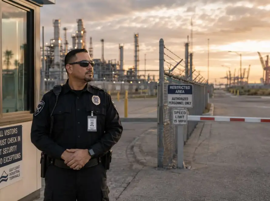 Security guard at Houston industrial perimeter gate