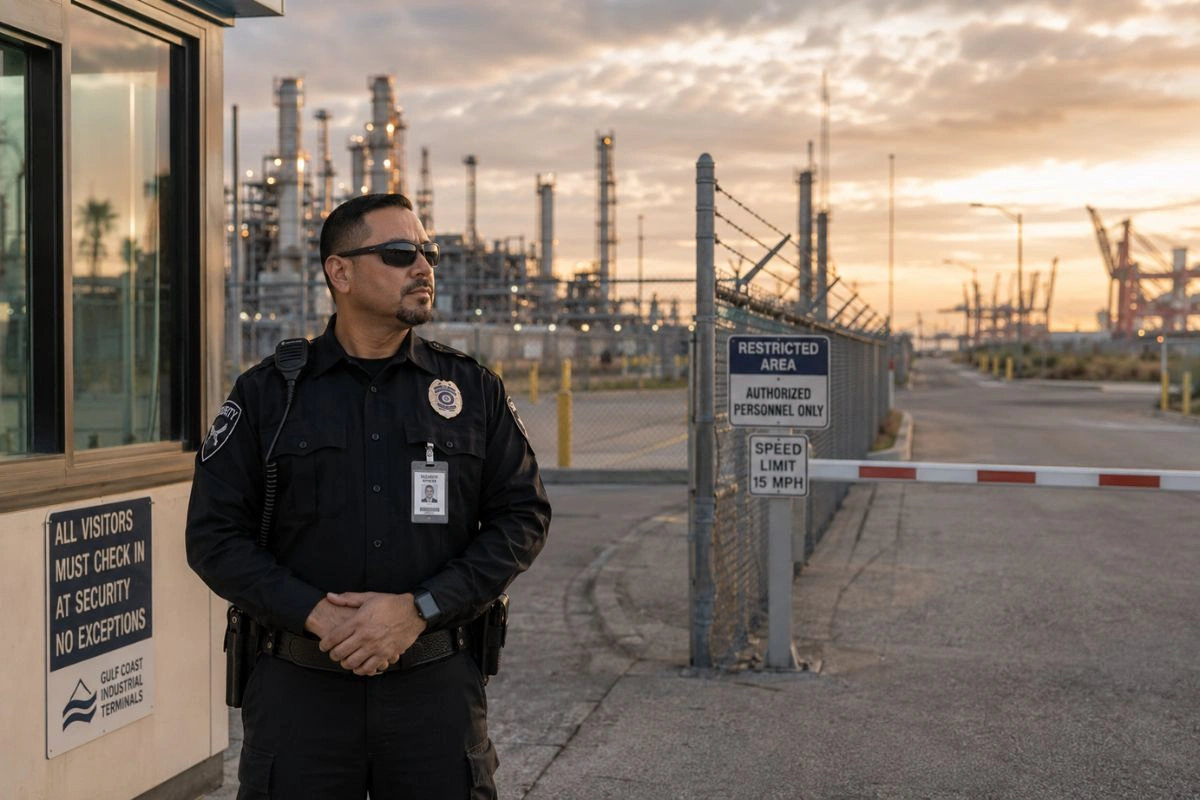 Security guard at Houston industrial perimeter gate