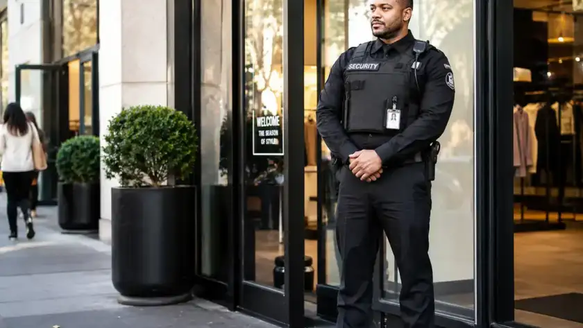 Retail security guard at store entrance