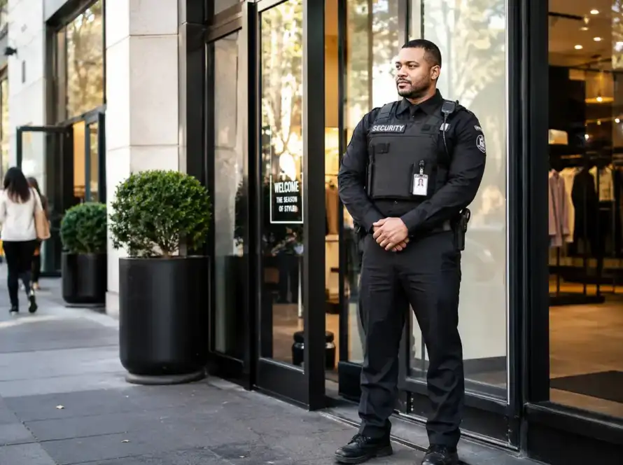 Retail security guard at store entrance