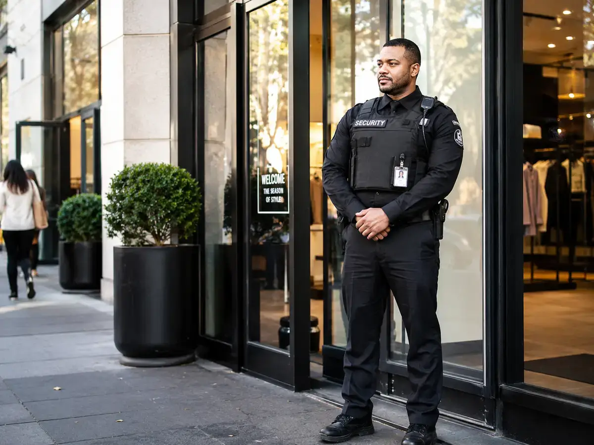 Retail security guard at store entrance