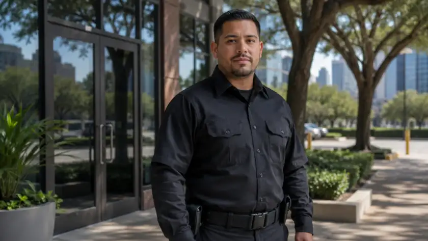 Licensed security guard on duty outside a Houston commercial building in Texas