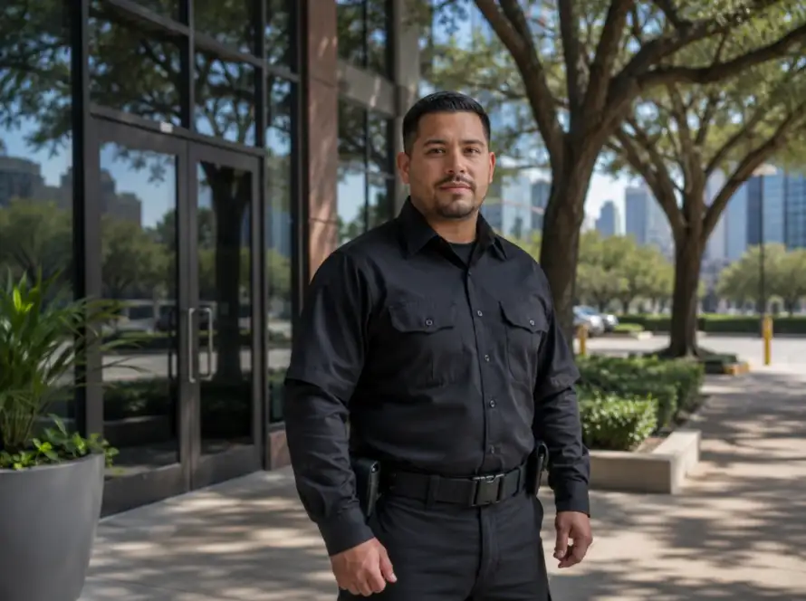Licensed security guard on duty outside a Houston commercial building in Texas
