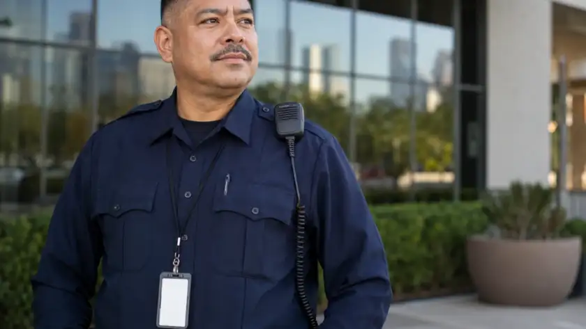 Licensed security guard on duty outside a Houston commercial building