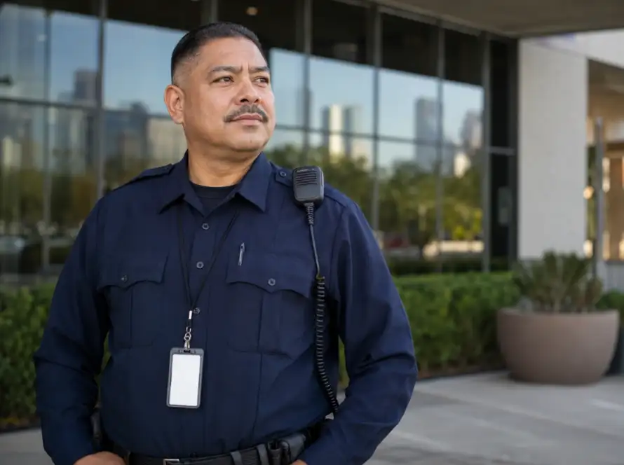 Licensed security guard on duty outside a Houston commercial building