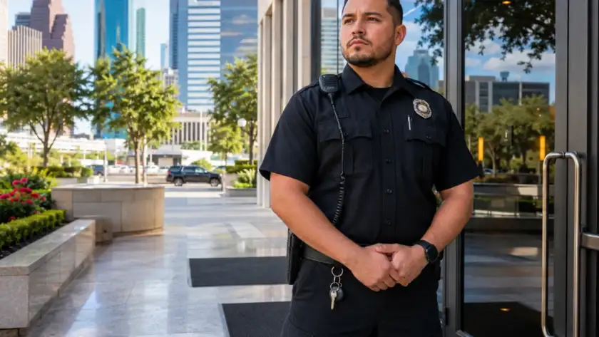 Uniformed security guard on duty at a Houston office building entrance during the day