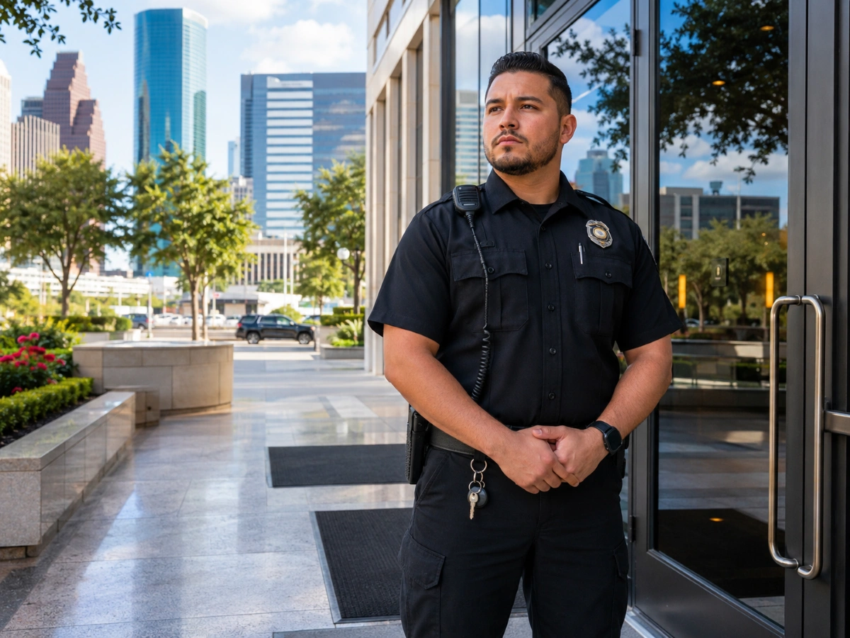 Uniformed security guard on duty at a Houston office building entrance during the day