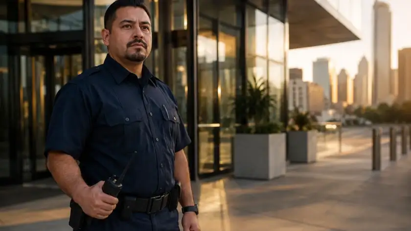 Professional security guard at commercial building entrance