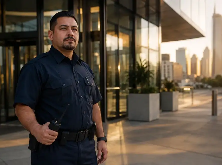 Professional security guard at commercial building entrance