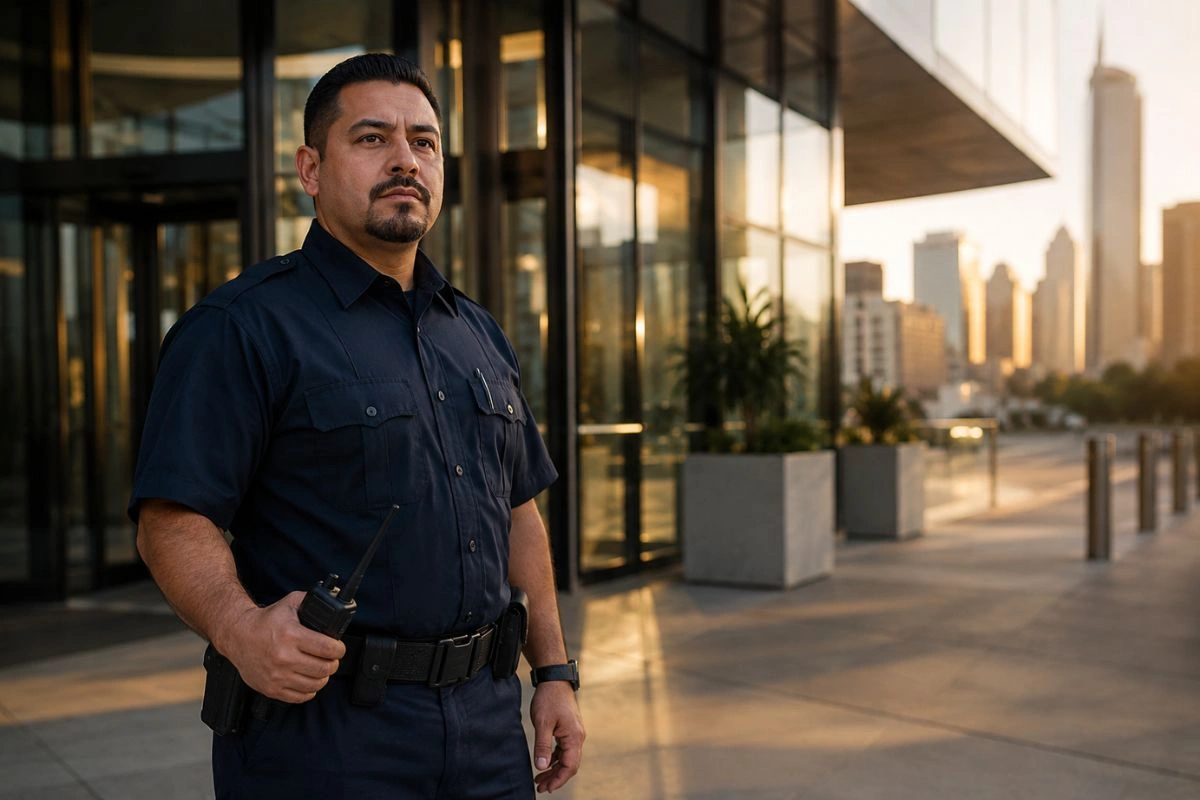 Professional security guard at commercial building entrance
