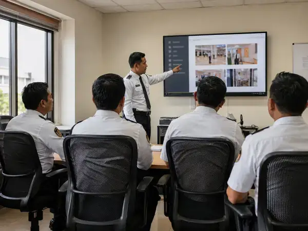 Hotel security guards in a training and briefing session before a shift 