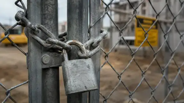 Padlocked gate and perimeter fence at a construction site