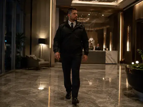 Hotel security guard patrolling the lobby at night to keep guests safe 