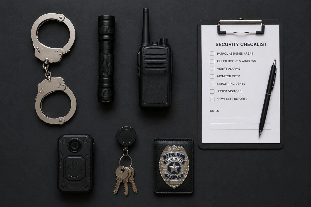 Security guard equipment arranged on dark surface