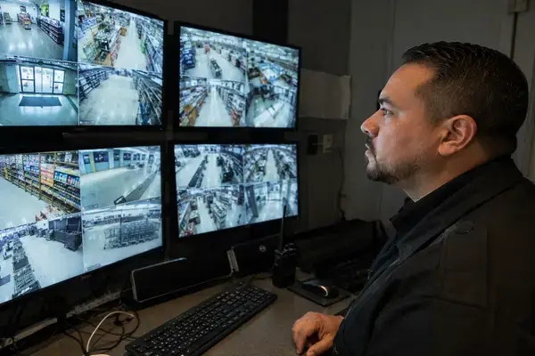 Guard monitoring retail store security cameras