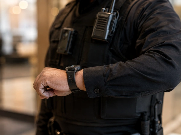 Security guard checking the time during a long work shift