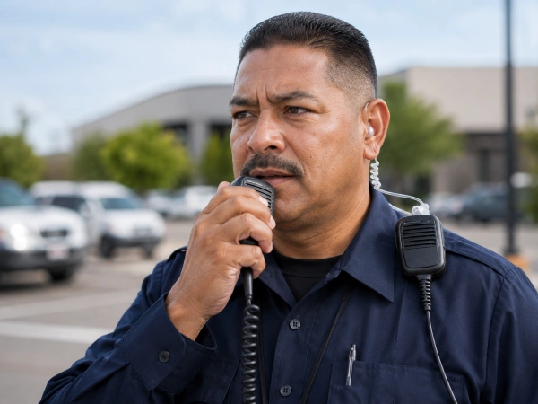 Security guard using a two-way radio during a shift in Houston