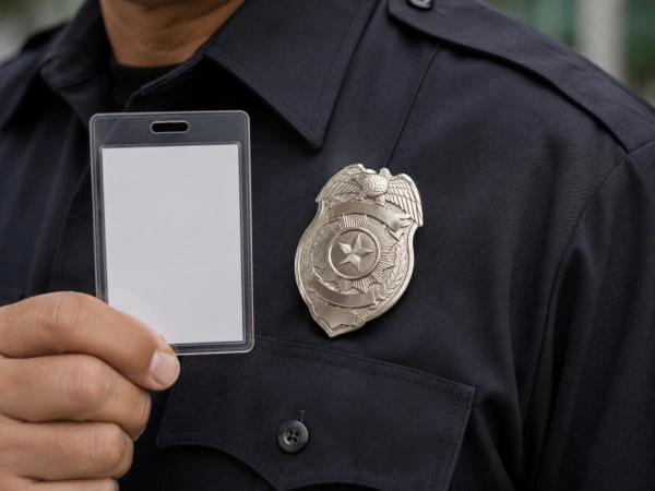 Close-up of a licensed Texas security officer uniform and badge