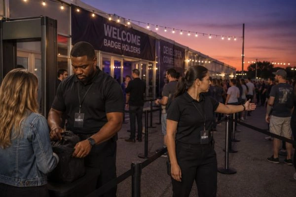 Event security staff screening guests at venue entrance