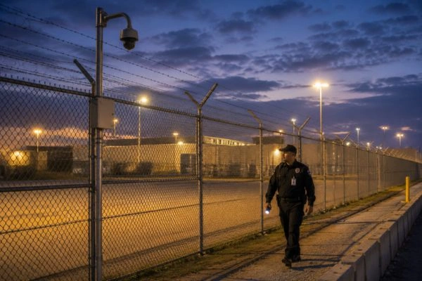 Officer surveying perimeter security layers at facility