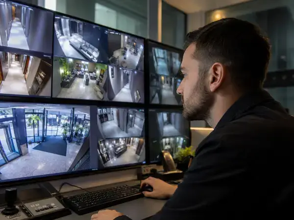 Hotel security cameras monitored live by a guard in a control room 