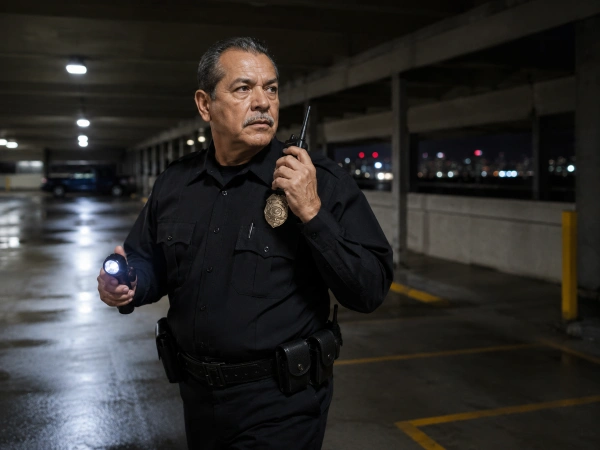 Older security guard on overnight foot patrol with a flashlight