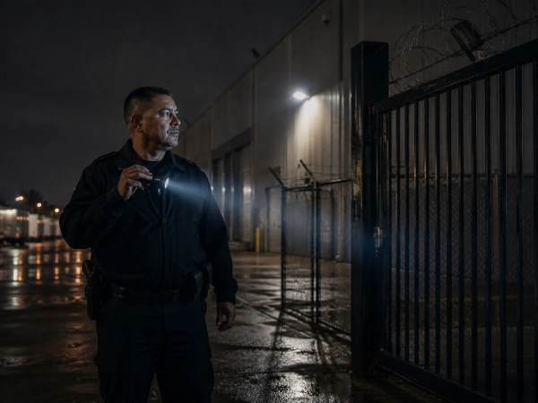 Security guard on night patrol checking a Houston warehouse perimeter